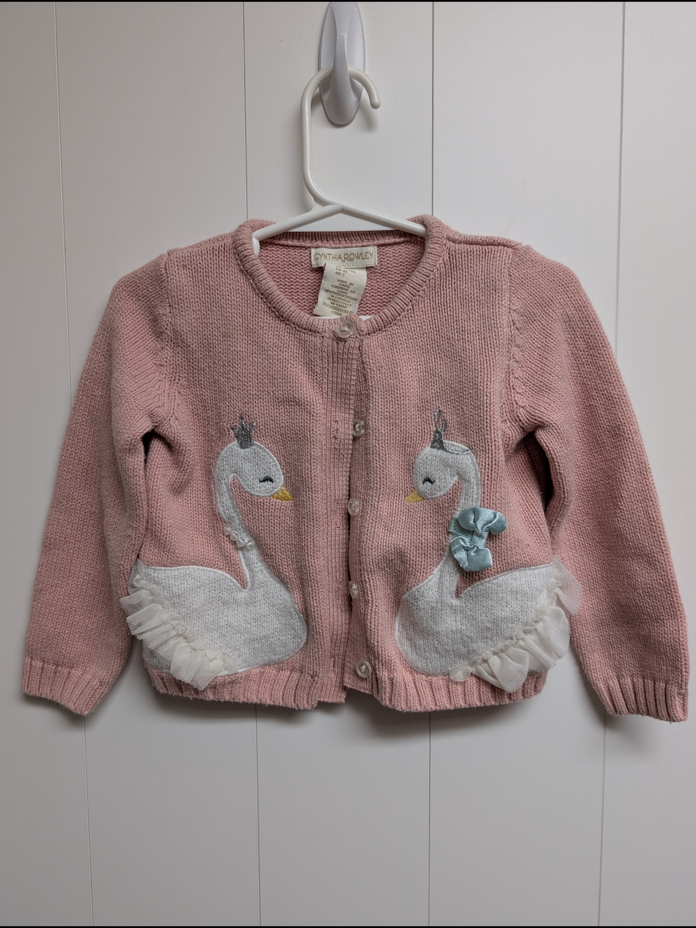 Cynthia Rowley Dusty Pink Swan Appliqué Knit Cardigan, 24m